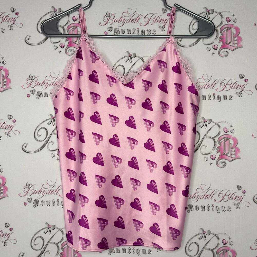 Victoria secret camisole tank top open back lace hearts pink purple buttons cute